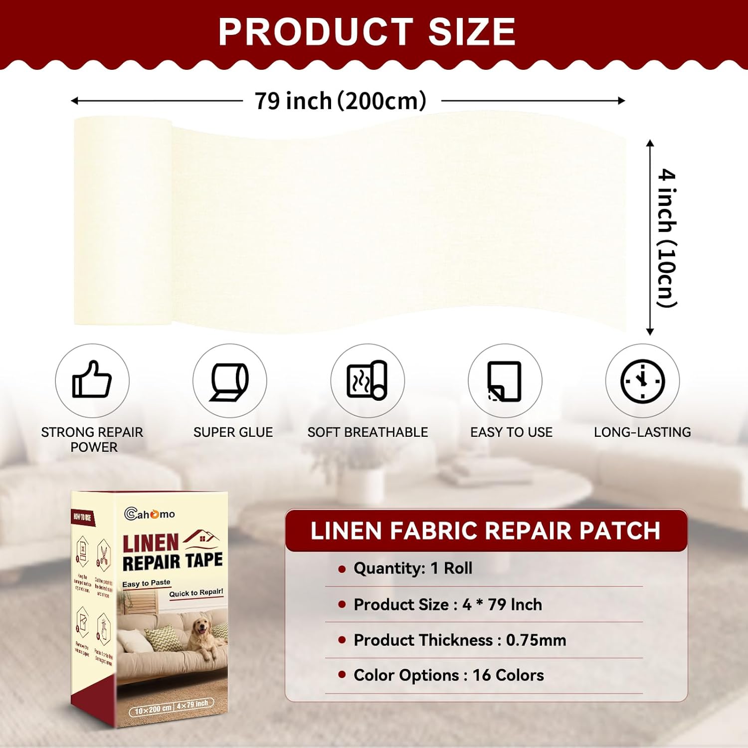 Linen Repair Tape 4x79 inch, Self Adhesive Fabric Patches, Linen Patch Tape Kit, Fabric Repair Tape