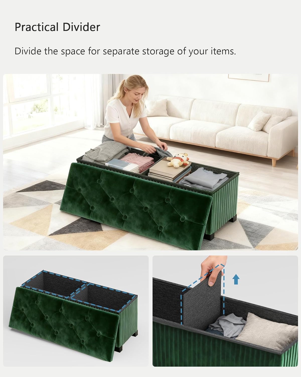 Storage Ottoman Bench, 43 Inch Foldable Ottoman with Legs, Velvet Foot Rest Stool, End of Bed