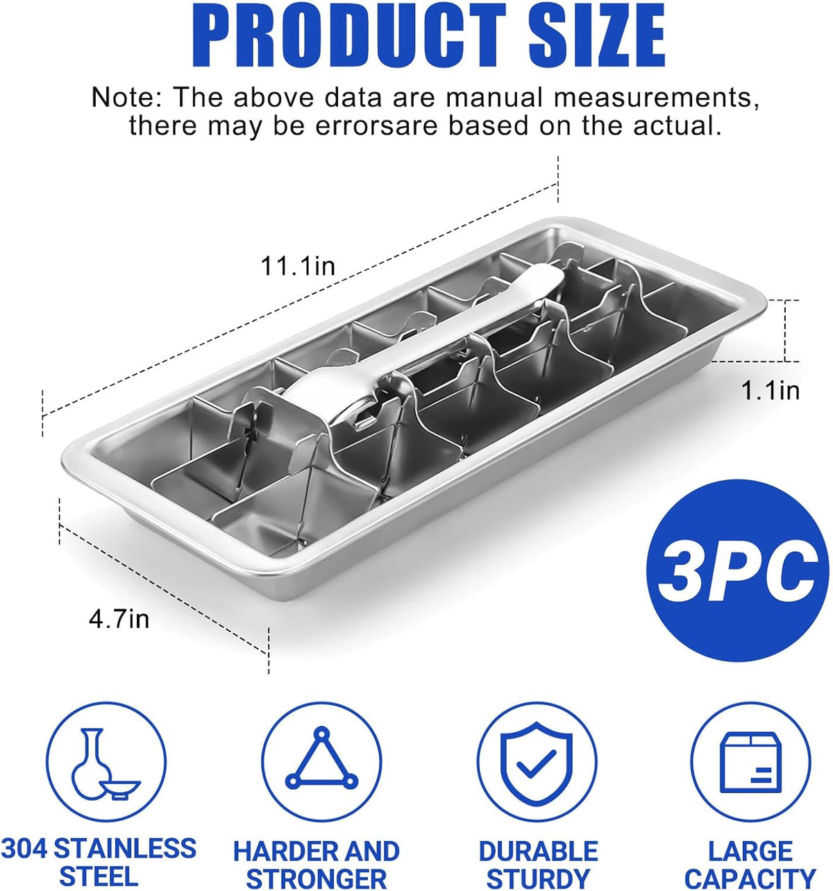 3 Pack 18-Slot Ice Cube Trays Stainless Steel - Professional Heavy Duty Metal Icecube Mold