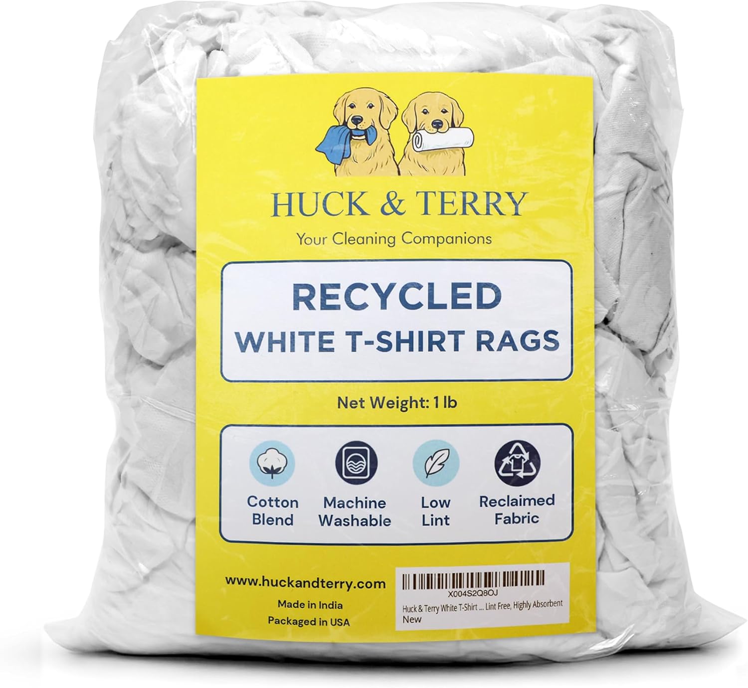 Huck & Terry White T-Shirt Bag of Rags (1 LB Bag), 100% Recycled Material, Cotton Blend Bar Mop