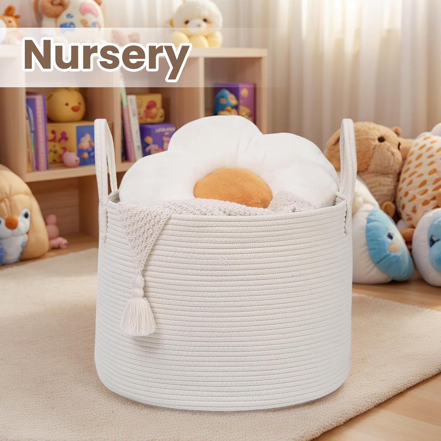 Woven Blanket Basket,115L Large Rope Storage Bin with Handles, Organizer for Blankets Toys Book and