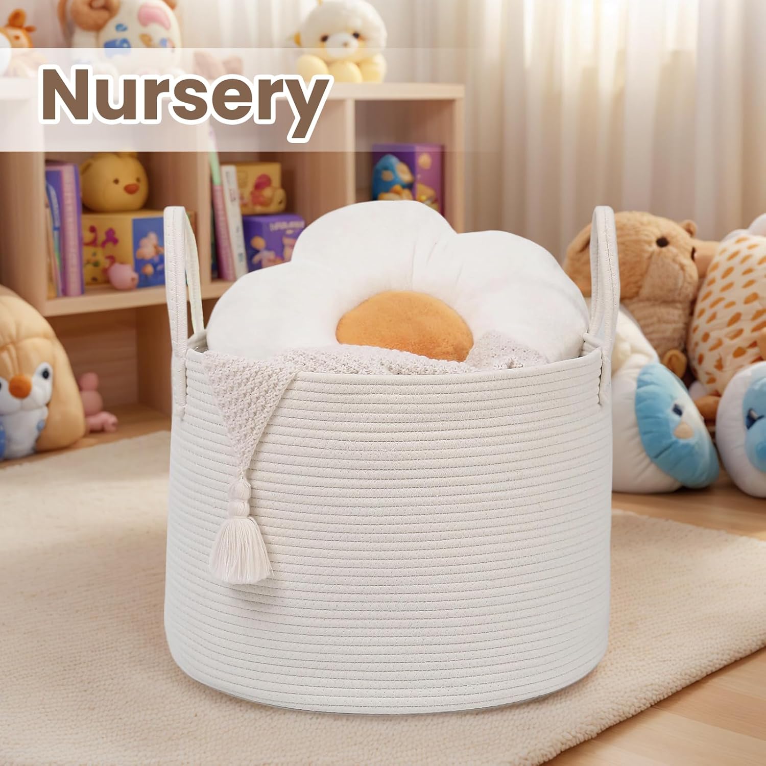 Woven Blanket Basket,115L Large Rope Storage Bin with Handles, Organizer for Blankets Toys Book and