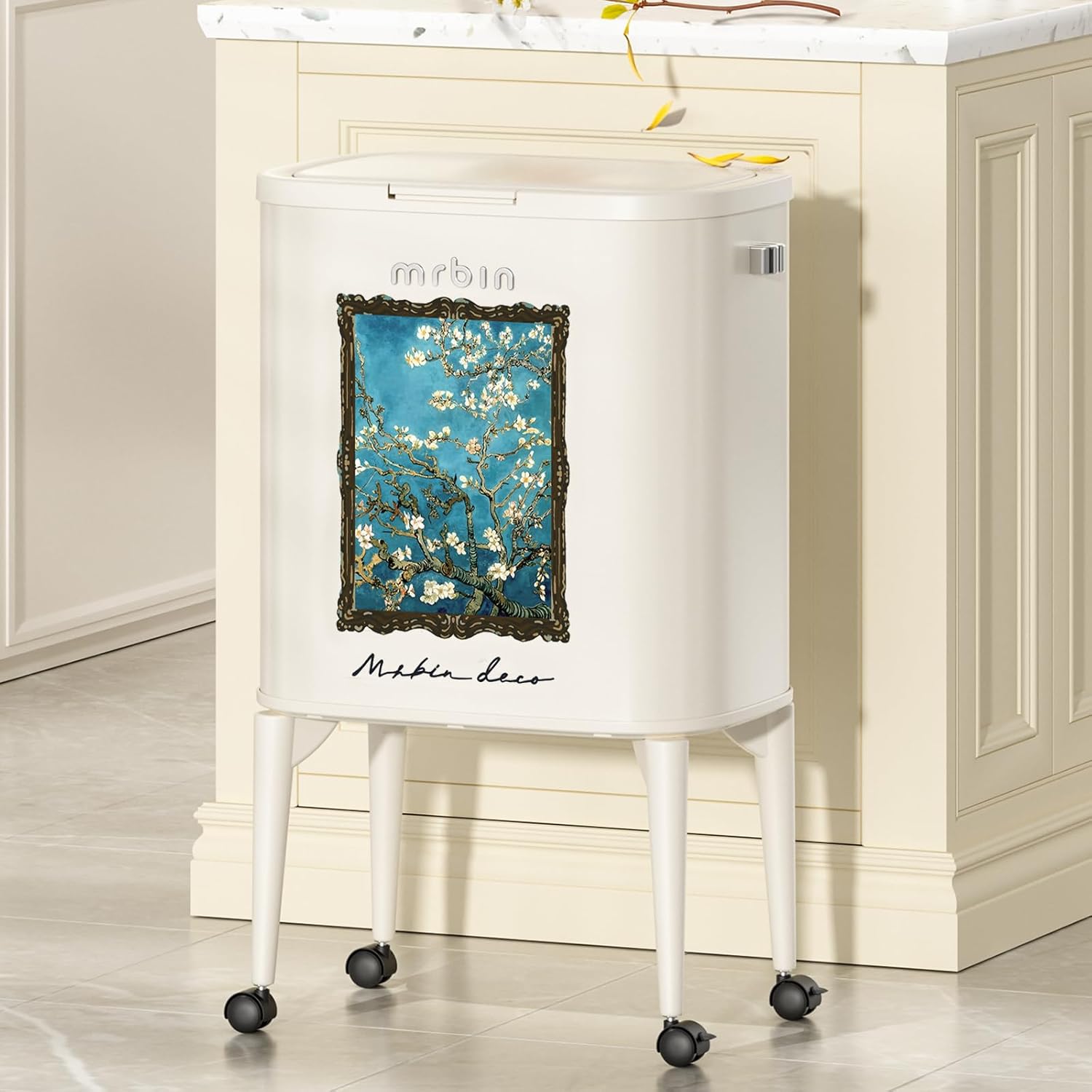 MRBIN Metal Kitchen Trash Can with Wheel Legs, 36L / 9.5gal Medium Press Lid Slim Removable Waste