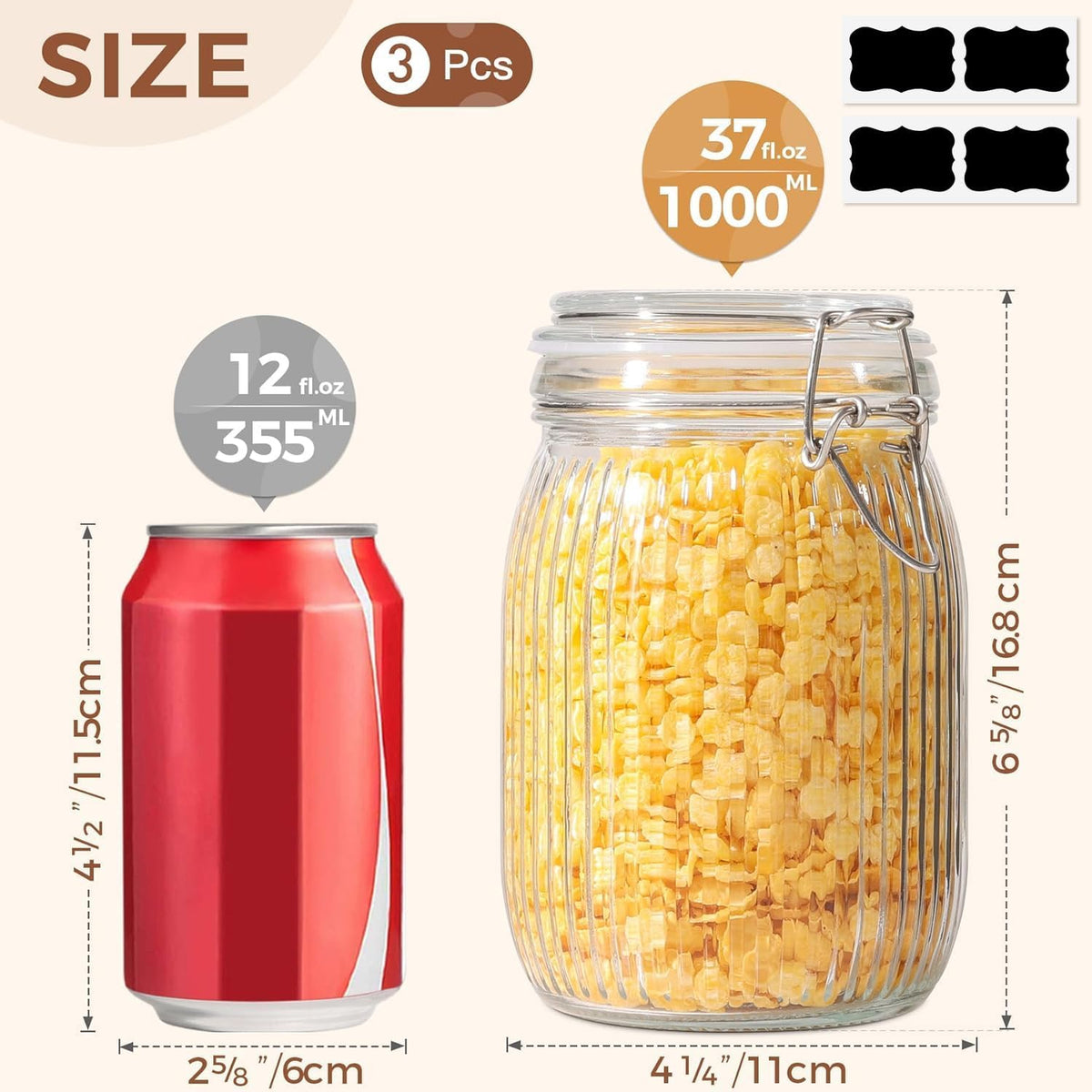 ComSaf Airtight Glass jar with lid 37oz Set of 3, Glass Storage Containers with Lids, Glass