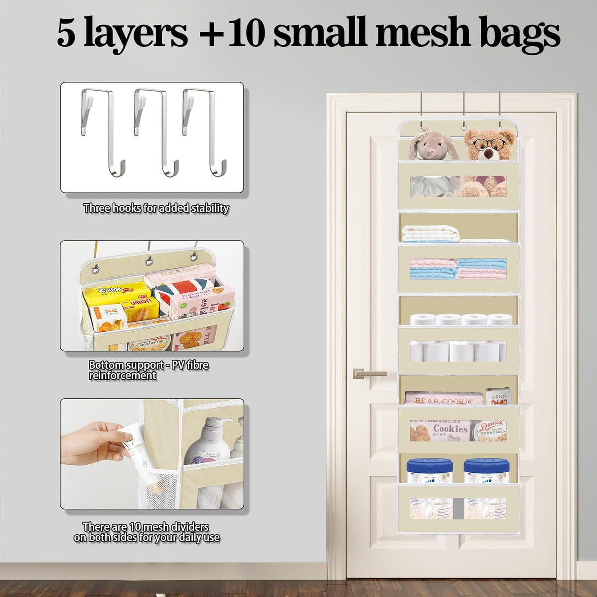 Over The Door Organizer, 5 Shelves Closet Door Hanging Organizer with 10 Mesh Pockets, Nursery