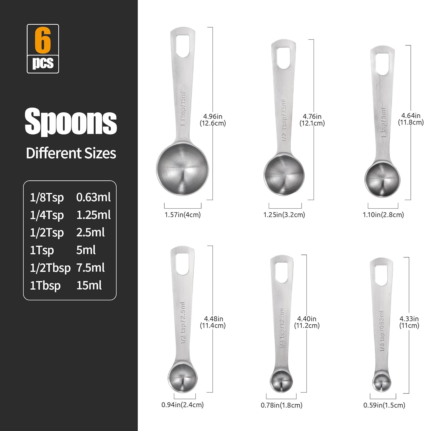 Doosu Measuring Spoons Set of 6-18/8 Stainless Steel Heavy Duty Teaspoons Tablespoons with Engraved