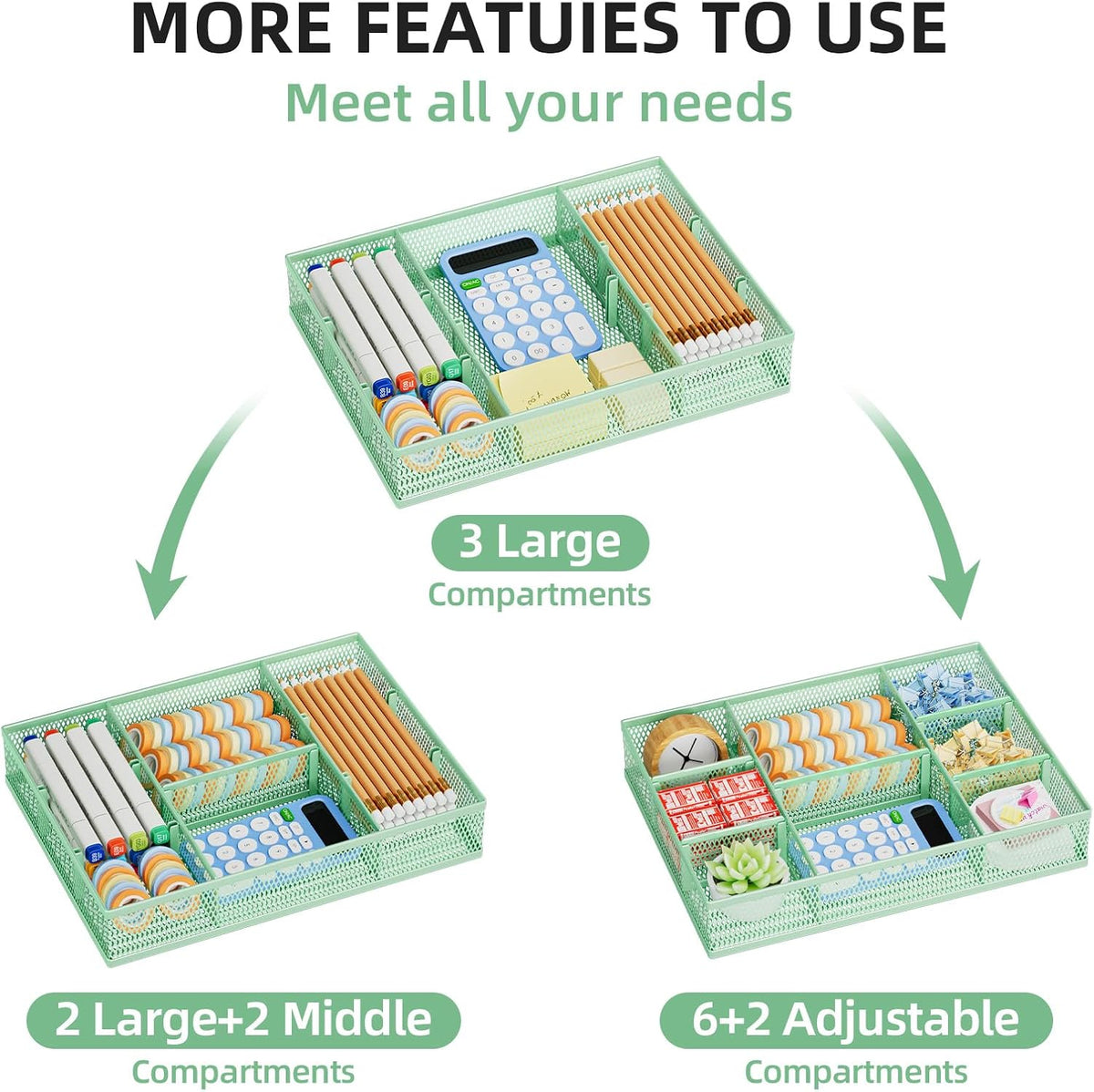 Marbrasse 2 Pack Desk Drawer Organizer, Mesh Drawer Organizer Tray with 8 Adjustable Compartments