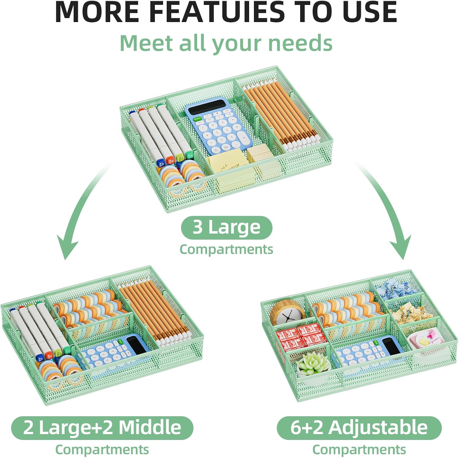 Marbrasse 2 Pack Desk Drawer Organizer, Mesh Drawer Organizer Tray with 8 Adjustable Compartments