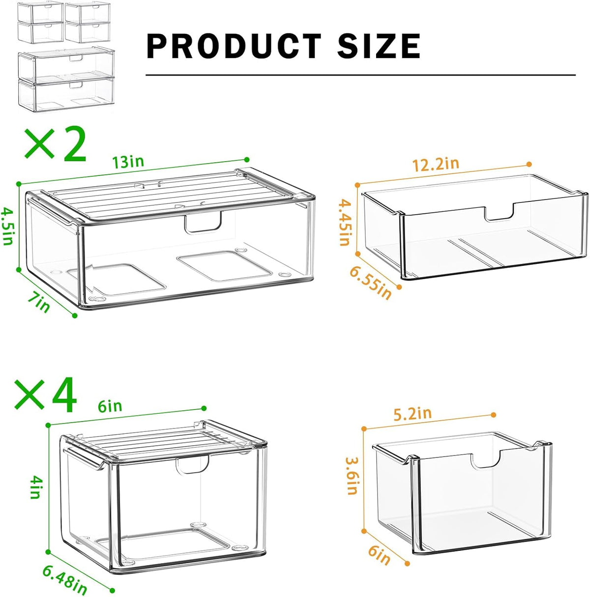 Acrylic Storage Drawers Set of 6, Clear Makeup Organizer, Plastic Organizer Bins for Beauty