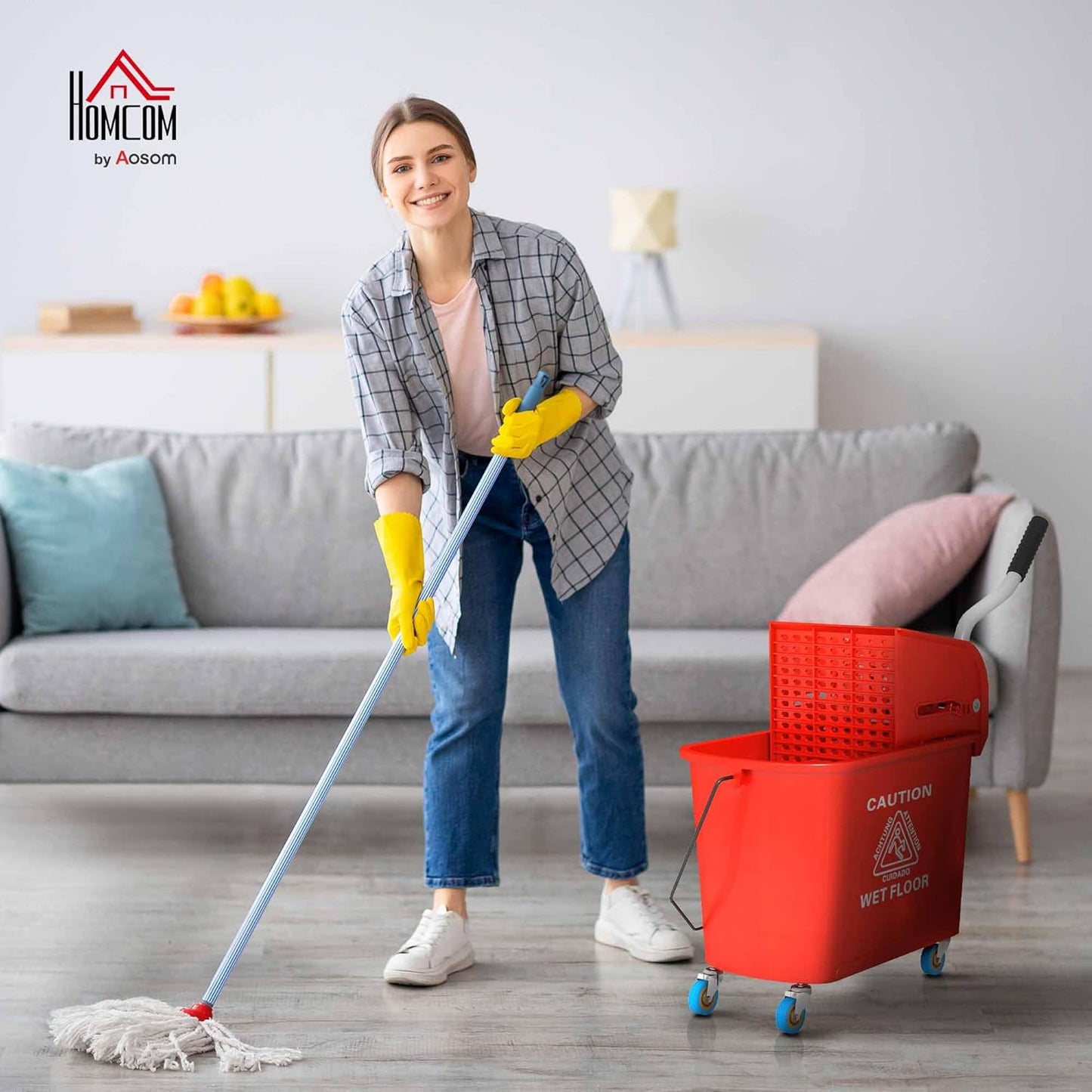 HOMCOM Compact Mop Bucket with Wringer on Wheels for Floor Cleaning, 21 Quart, Separate Dirty and