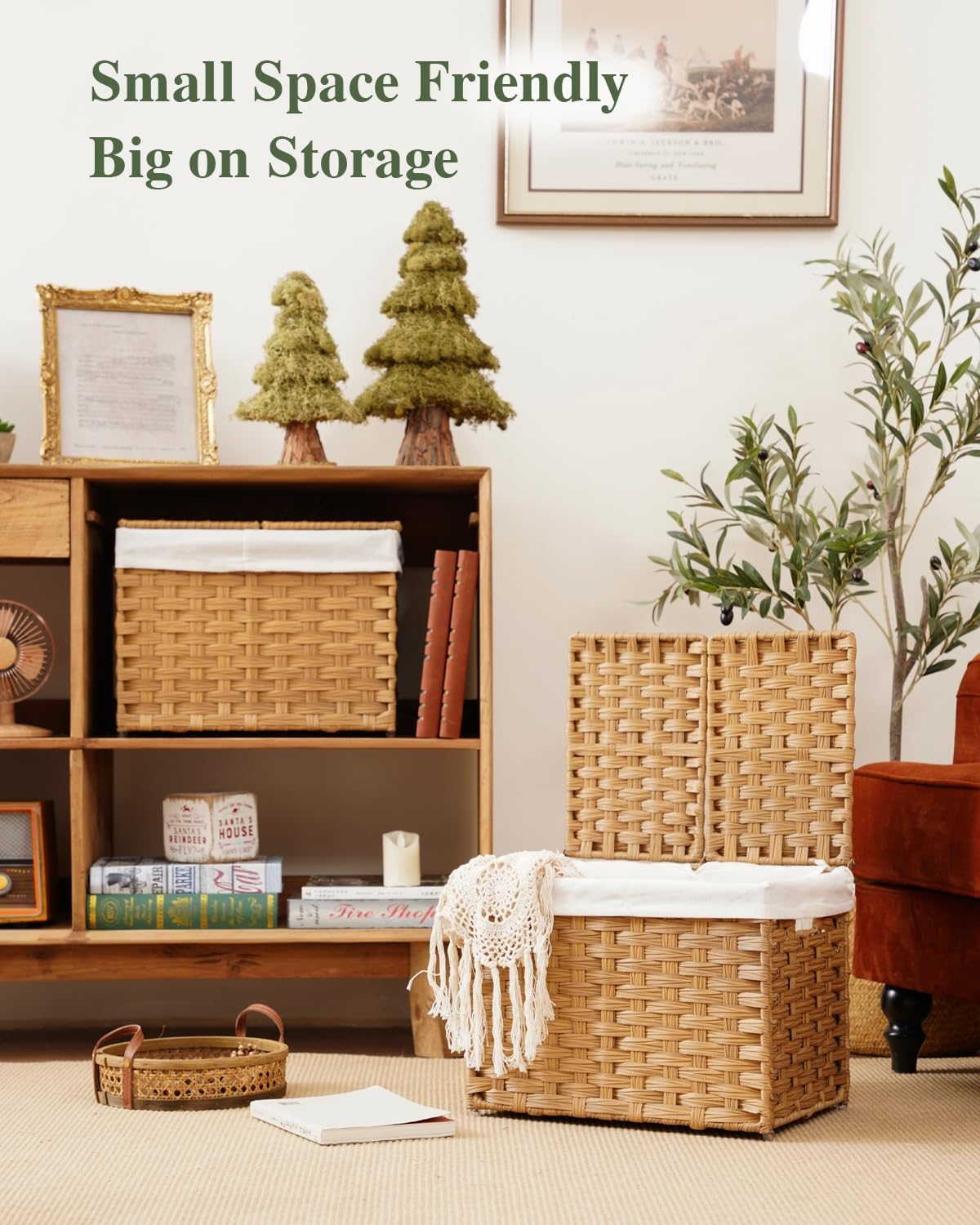 Storage Basket with Lid Woven Wicker Baskets with 2 Separate Lid, 9.2 Gallon (35 L) Wicker Storage