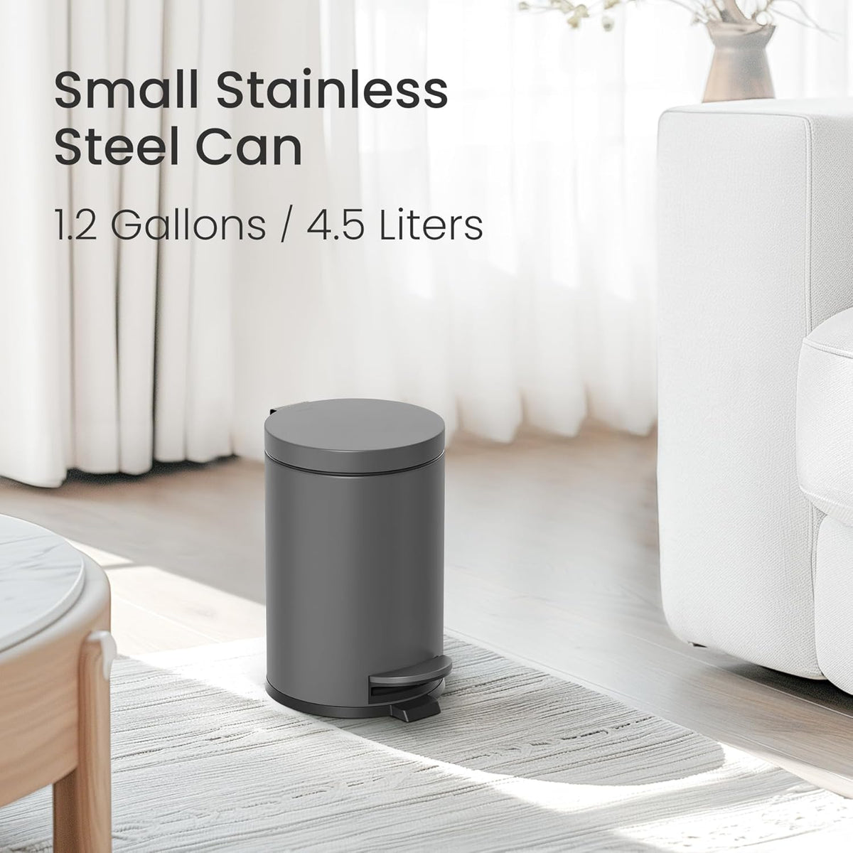 Cesun 1.2 Gallons Small Gray Trash Can, Bathroom Garbage Can with Lid and Foot Pedal, Mini Round