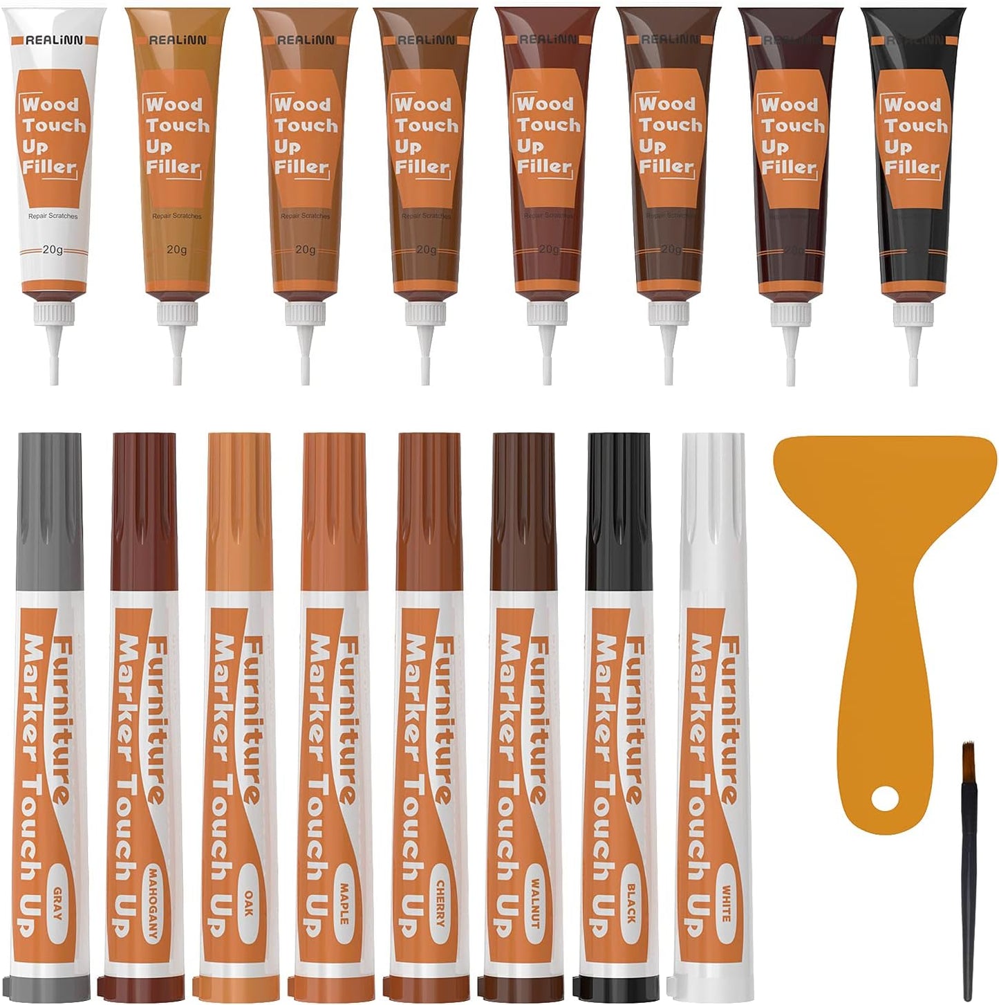 REALINN Wood Furniture Repair Kit 8 Dark Colors- Wood Fillers and Touch Up Markers, Repair Scratch