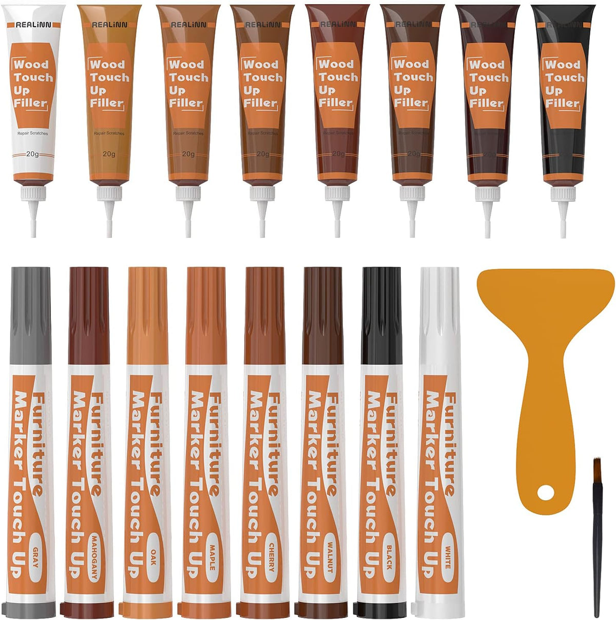 REALINN Wood Furniture Repair Kit 8 Dark Colors- Wood Fillers and Touch Up Markers, Repair Scratch