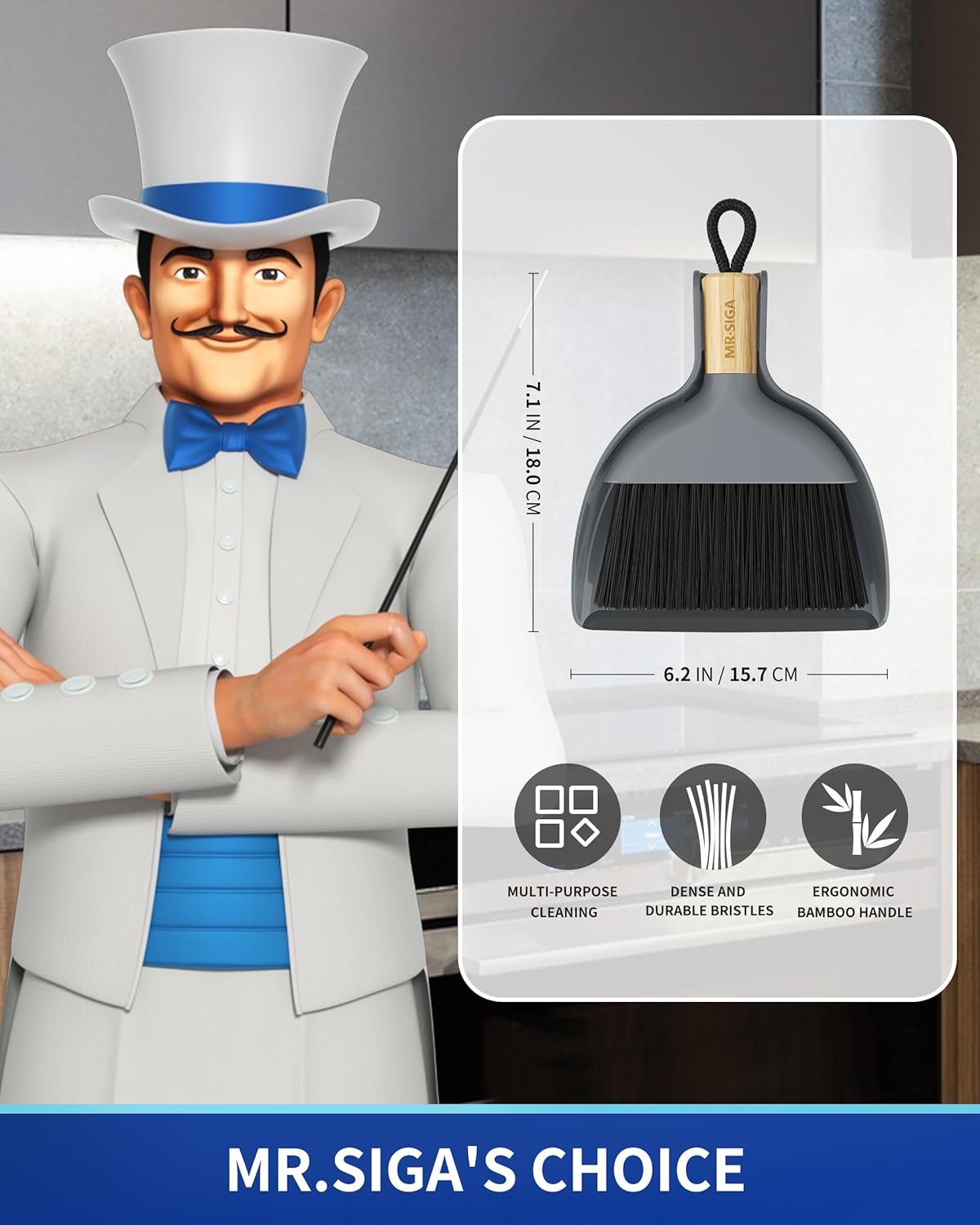 MR.SIGA Mini Dustpan and Brush Set, Portable Cleaning Brush and Dustpan Combo with Bamboo Handle