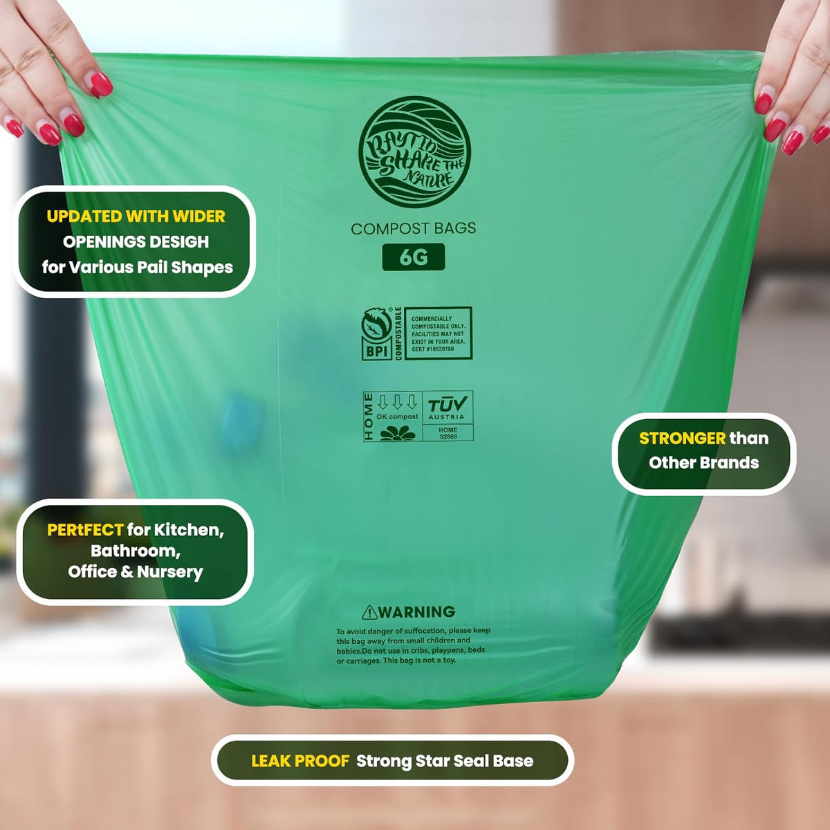 Compostable Bags, 6 Gallon Food Scraps Yard Waste Bags,Fits 5-6-8 Gallon trash can, 30 Liter