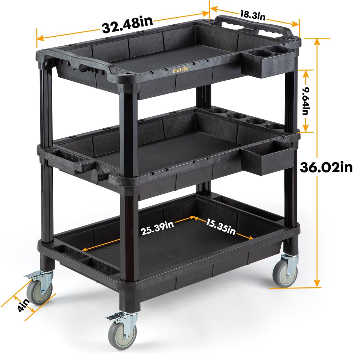ELAFROS Multi-Use Utility Cart - 32.4x18.3 Heavy-Duty Service Cart with 3 Deep Shelves