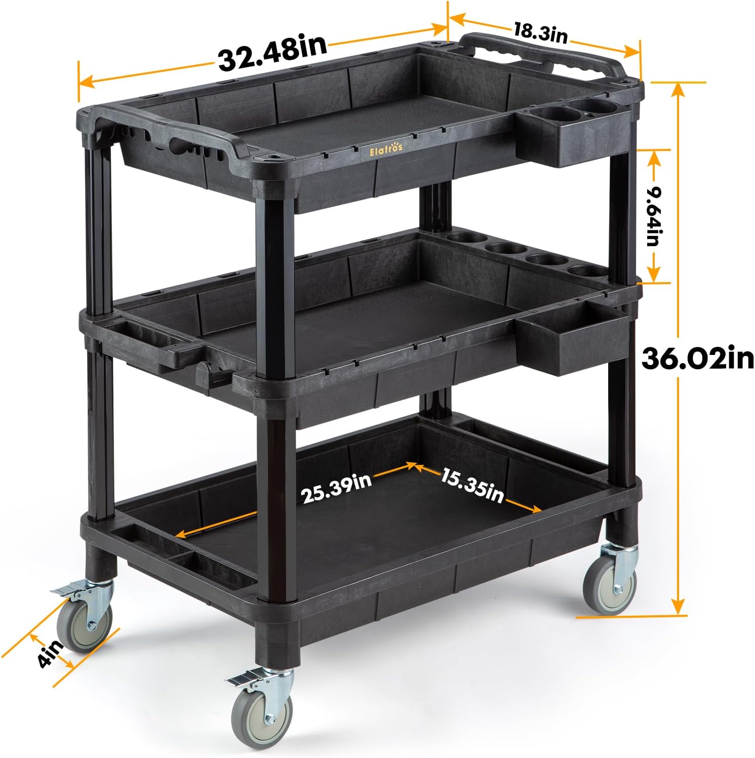 ELAFROS Multi-Use Utility Cart - 32.4x18.3 Heavy-Duty Service Cart with 3 Deep Shelves