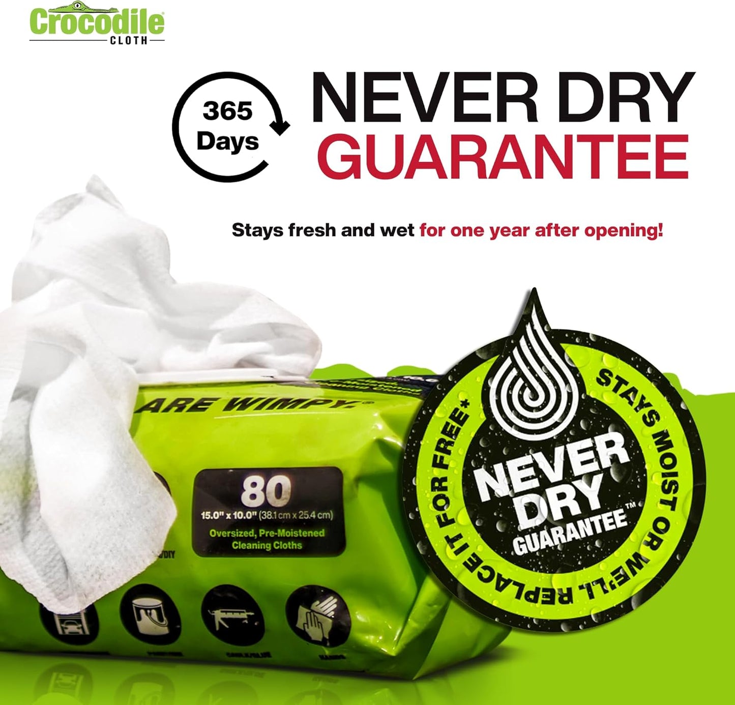 Crocodile Cloth PowerSCRUB Cleaning Wipes – 80 (15" x 10") Dual-Surface Cloths, Heavy-Duty, Moist
