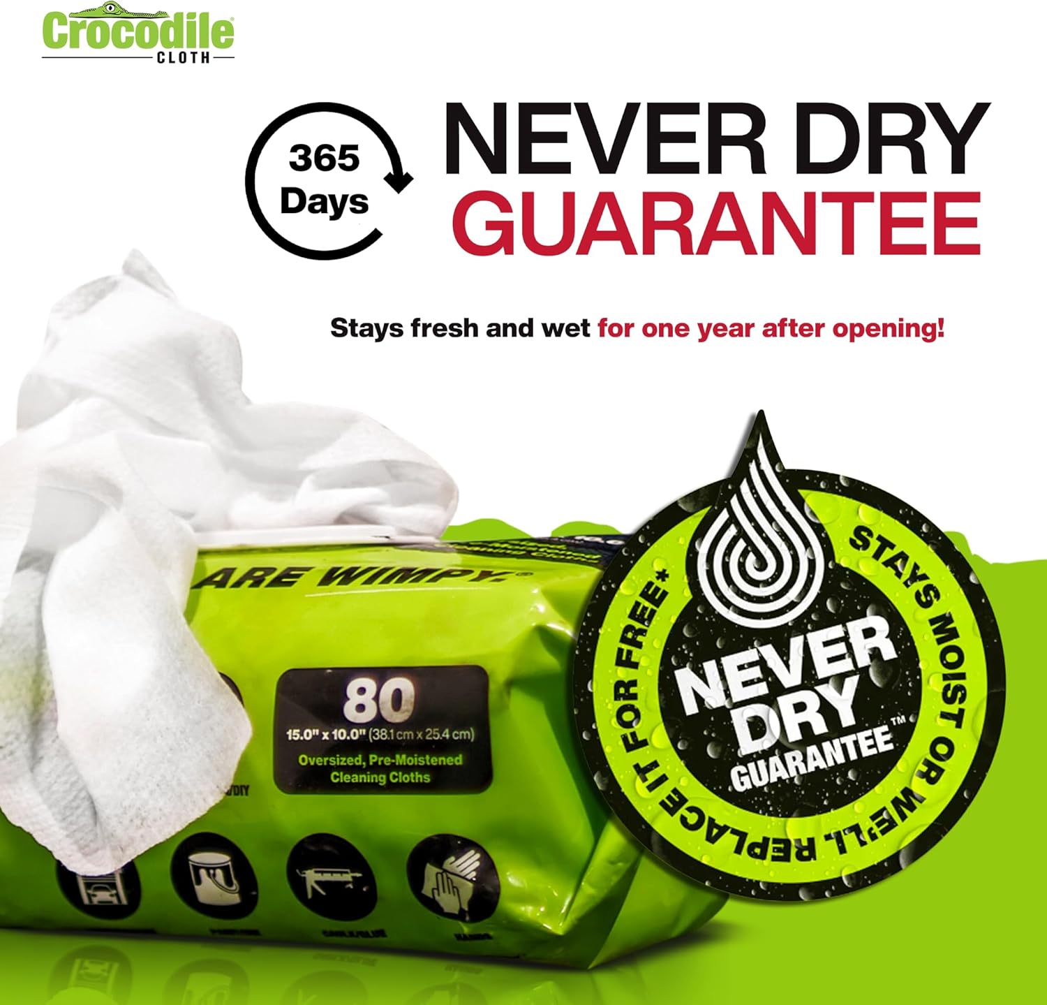 Crocodile Cloth PowerSCRUB Cleaning Wipes – 80 (15" x 10") Dual-Surface Cloths, Heavy-Duty, Moist