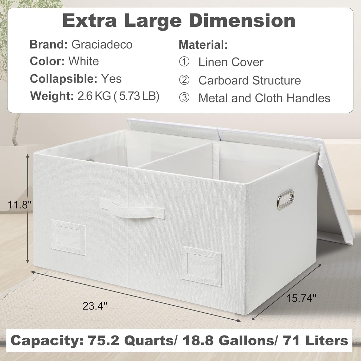 75 Quarts Extra Large Decorative Storage Bins with Lids, 1 Pack White Collapsible Storage Bins with