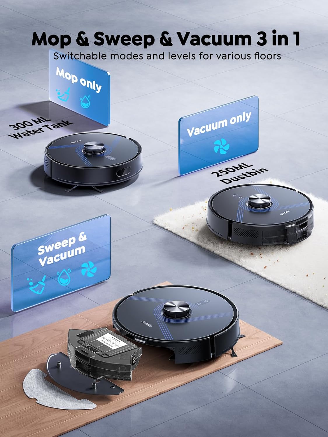 Vyzzle E20 Robot Vacuum and Mop, 60-Day Robot Vacuum Self Emptying, 5500Pa Suction, Zoned &