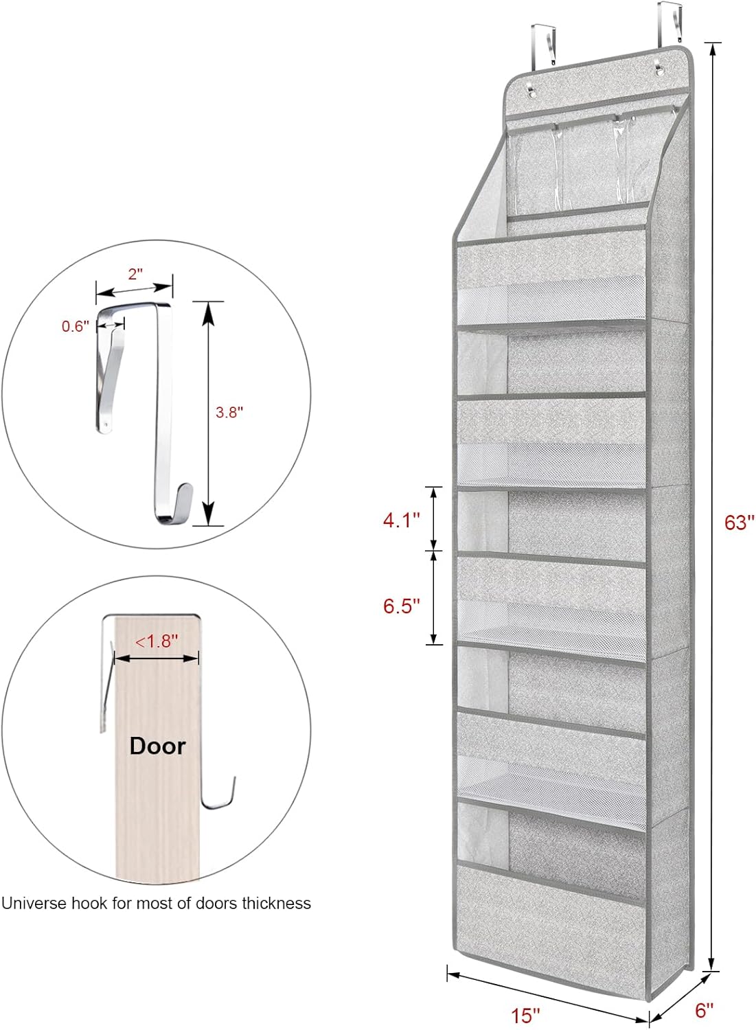Univivi 6-Shelf Over Door Hanging Organizer Fabric Baby Door Storage with 5 Large Pockets and 3