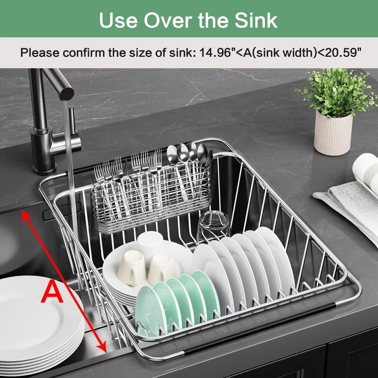 Large Sink Dish Drying Rack, Expandable 304 Stainless Steel Metal Dish Drainer Rack Organizer