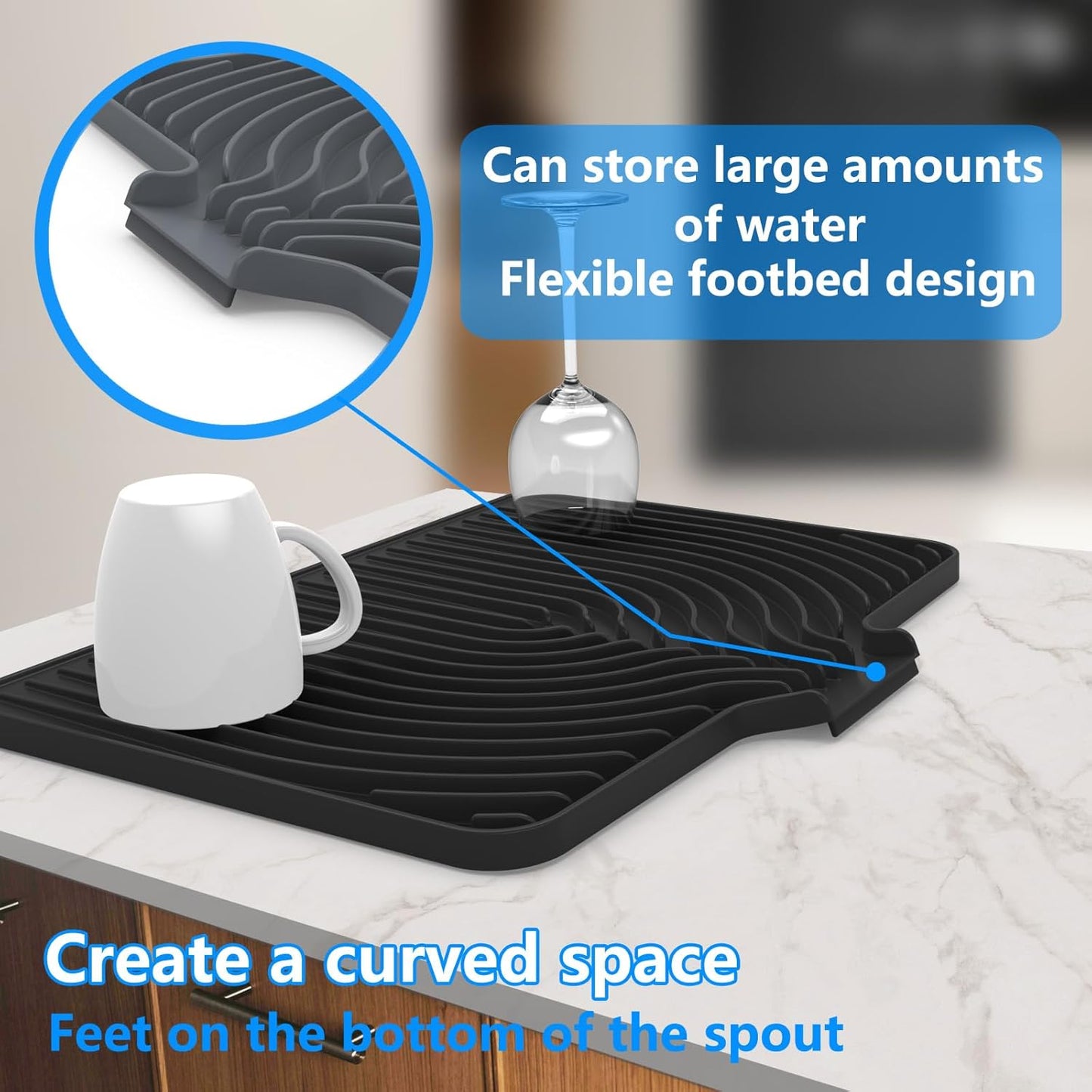 Dish Drying Matt for Kitchen Counter,18"×12"Silicone Dry Rack Mat with Built in Drain, Kitchen Dry