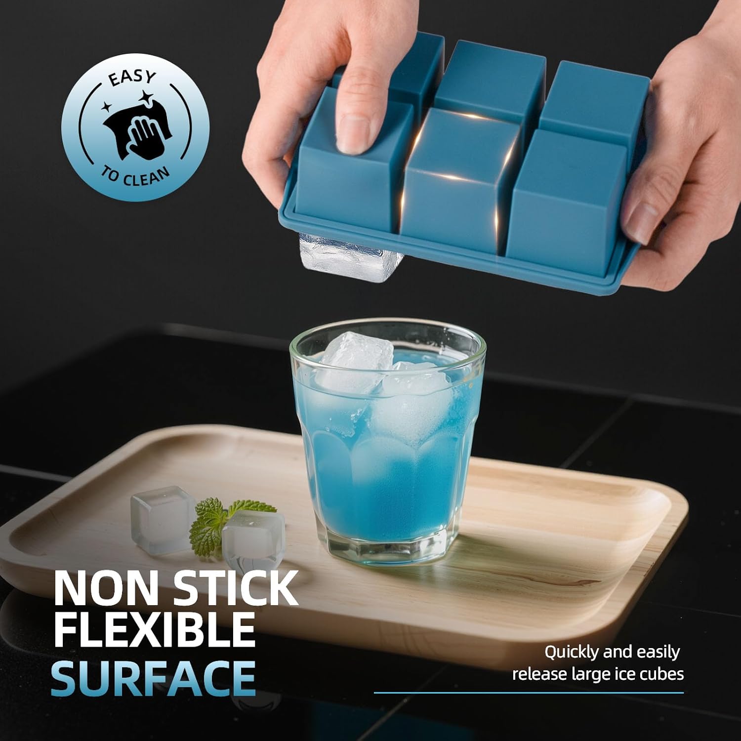 Large Ice Cube Trays for Whiskey (2 Pack) - Silicone Ice Cube Molds with Steel Frame Reinforcement