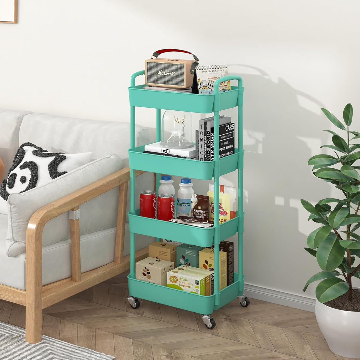 Sywhitta 4-Tier Plastic Rolling Utility Cart with Handle, Multi-Functional Storage Trolley for