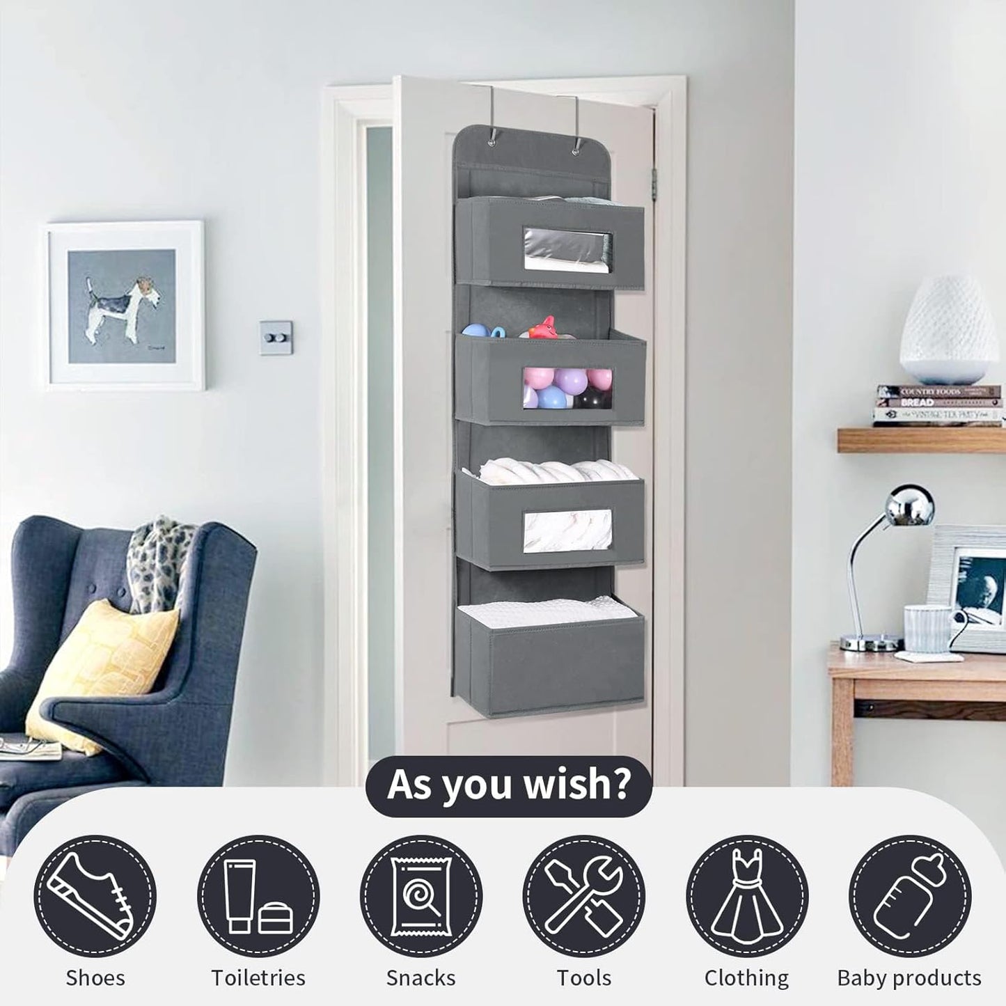 MAX Houser 4-Shelf Over The Door Hanging Organizer with 2 Metal Hooks,4 Pocket Over The Door Wall