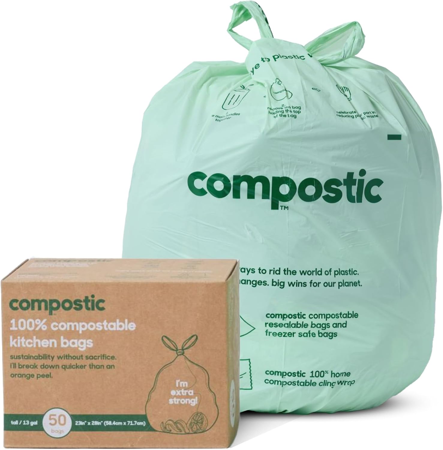 Compostic Home Compostable Trash Bags, 13 Gallon Tall Kitchen Rubbish Bags (23” x 29”), Extra