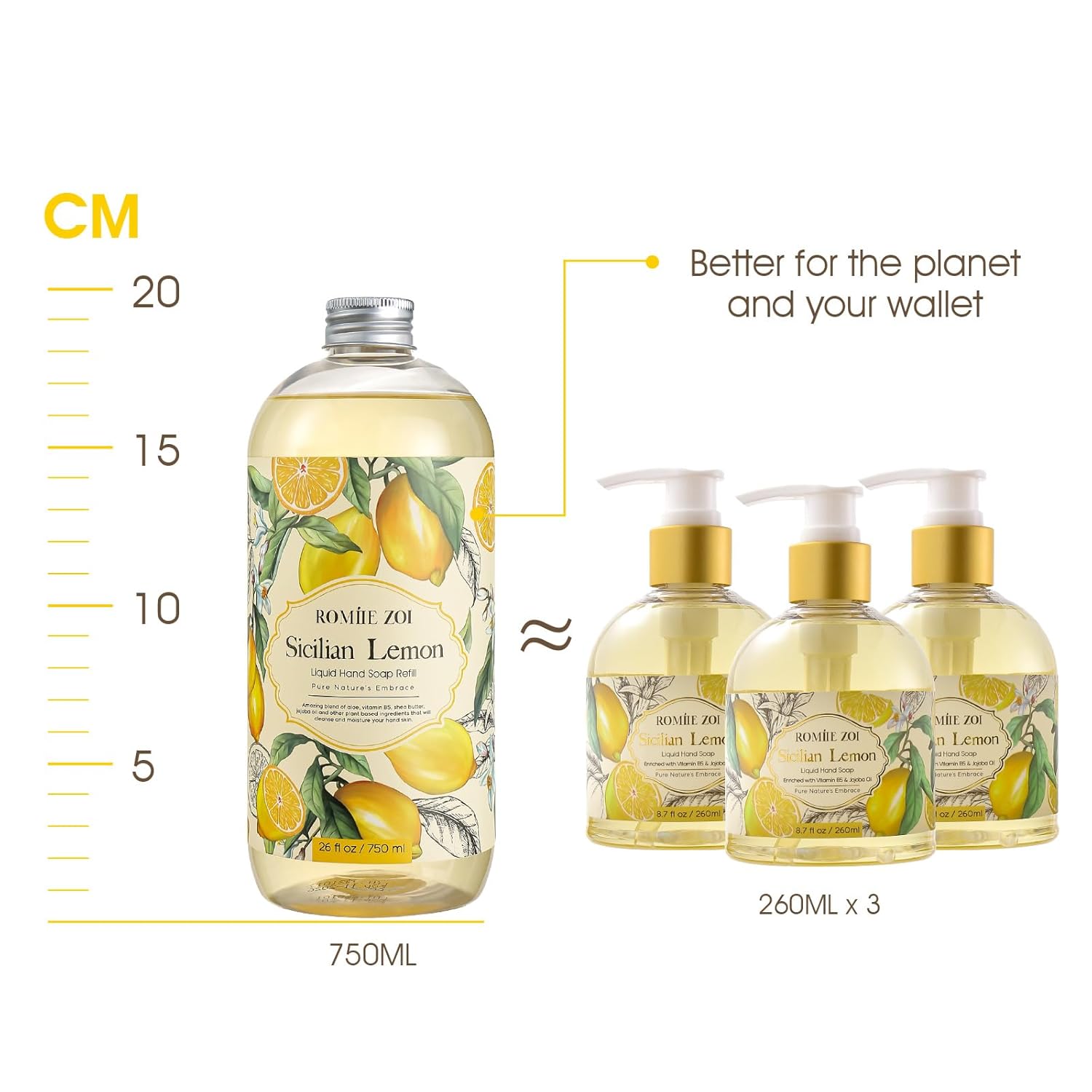 ROMIIE ZOI Lemon Scent Liquid Hand Soap Refills - Natural, Gentle & Moisturizing Formula - Family