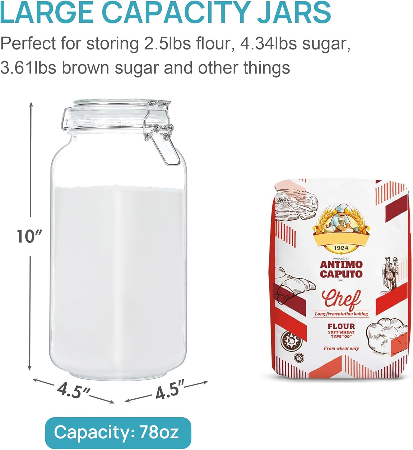 Vtopmart 78oz Glass Food Storage Jars with Airtight Clamp Lids, 3 Pack Large Kitchen Canisters for