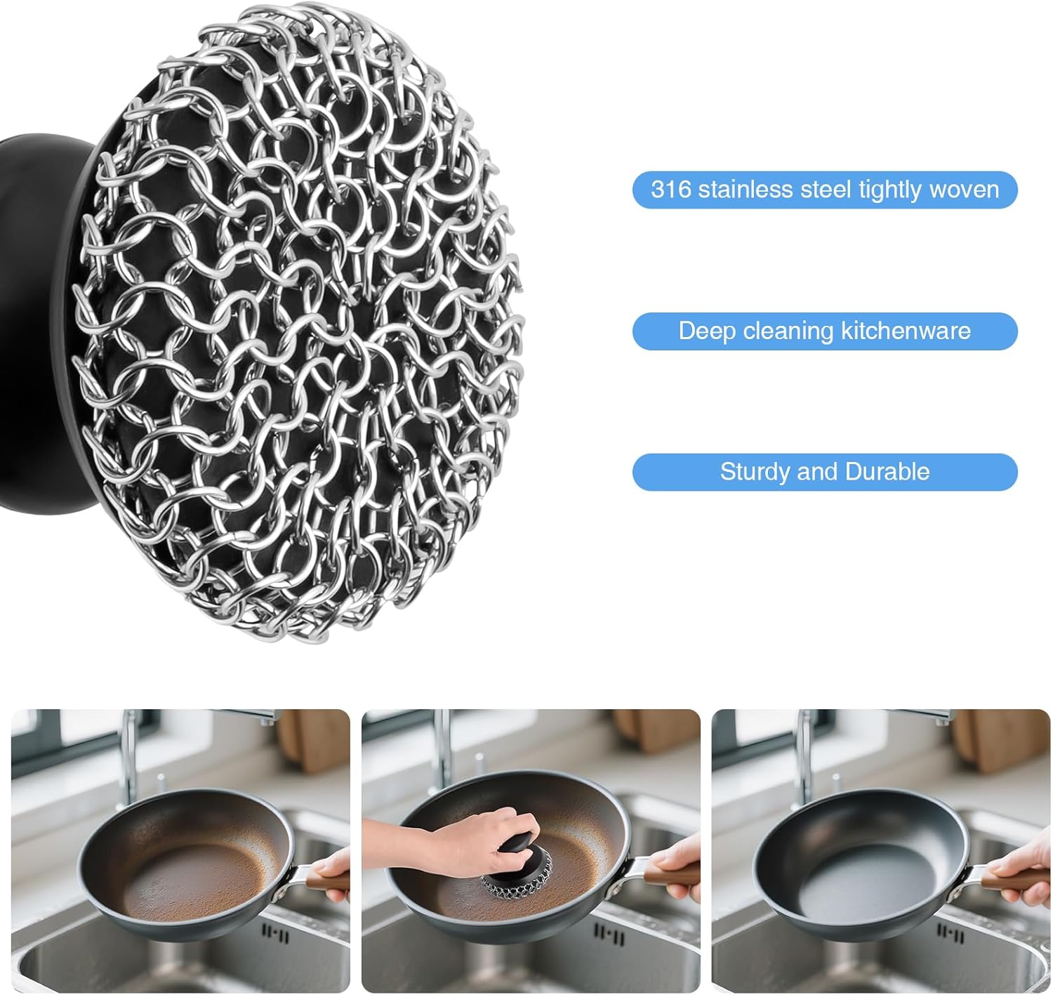 Cast Iron Scrubber Cleaner, Chainmail Scrubber for Cast Iron Pan Skillet, Dish Scouring Pad