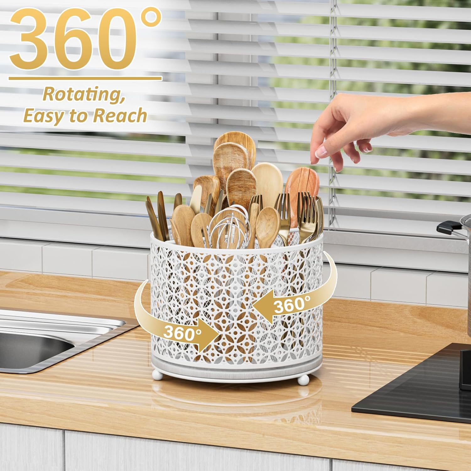 360° Rotating Kitchen Utensil Holder - Fast-Drying Utensils Caddy - 4 Compartment Flatware
