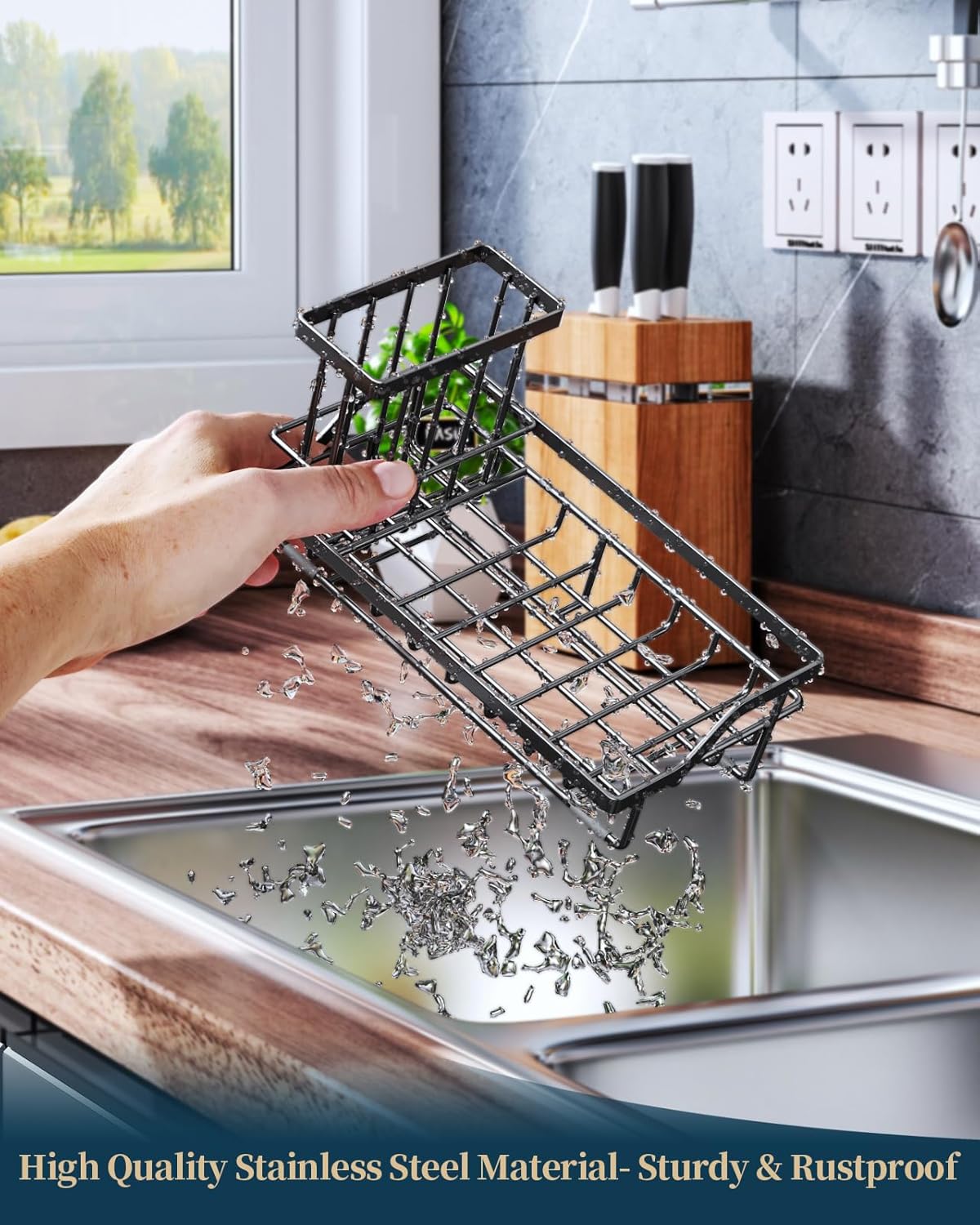 Consumest Sink Caddy, Kitchen Sponge Holder with Dish Brush Holder, Kitchen Sink Organizer with