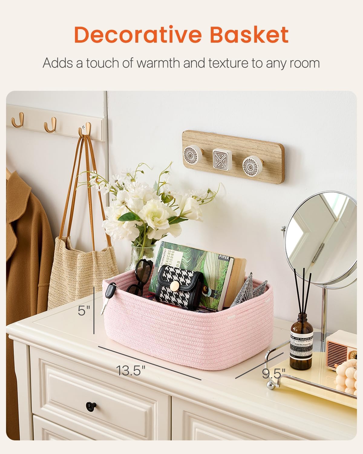 Small Woven Basket, 13.5 x 9.5 x 5 Inches, Storage Basket for Organizing, Cute Small Rope Shelf