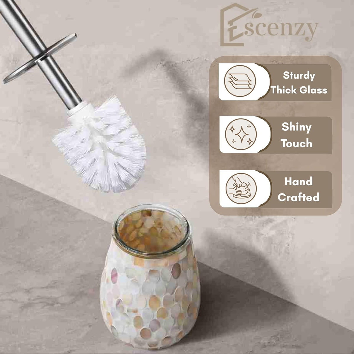Escenzy Modern Toilet Brush and Holder Set | Natural Shell Mosaic Glass | Non-Rustic Stainless