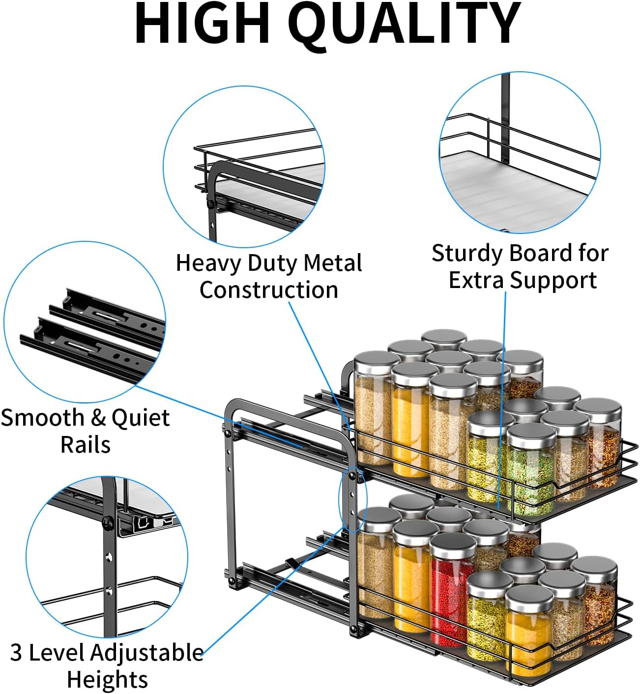 RCHYFEED Spice Rack, 2 Tier Pull out Cabinet Spice Organizer, Height Adjustable Slides out