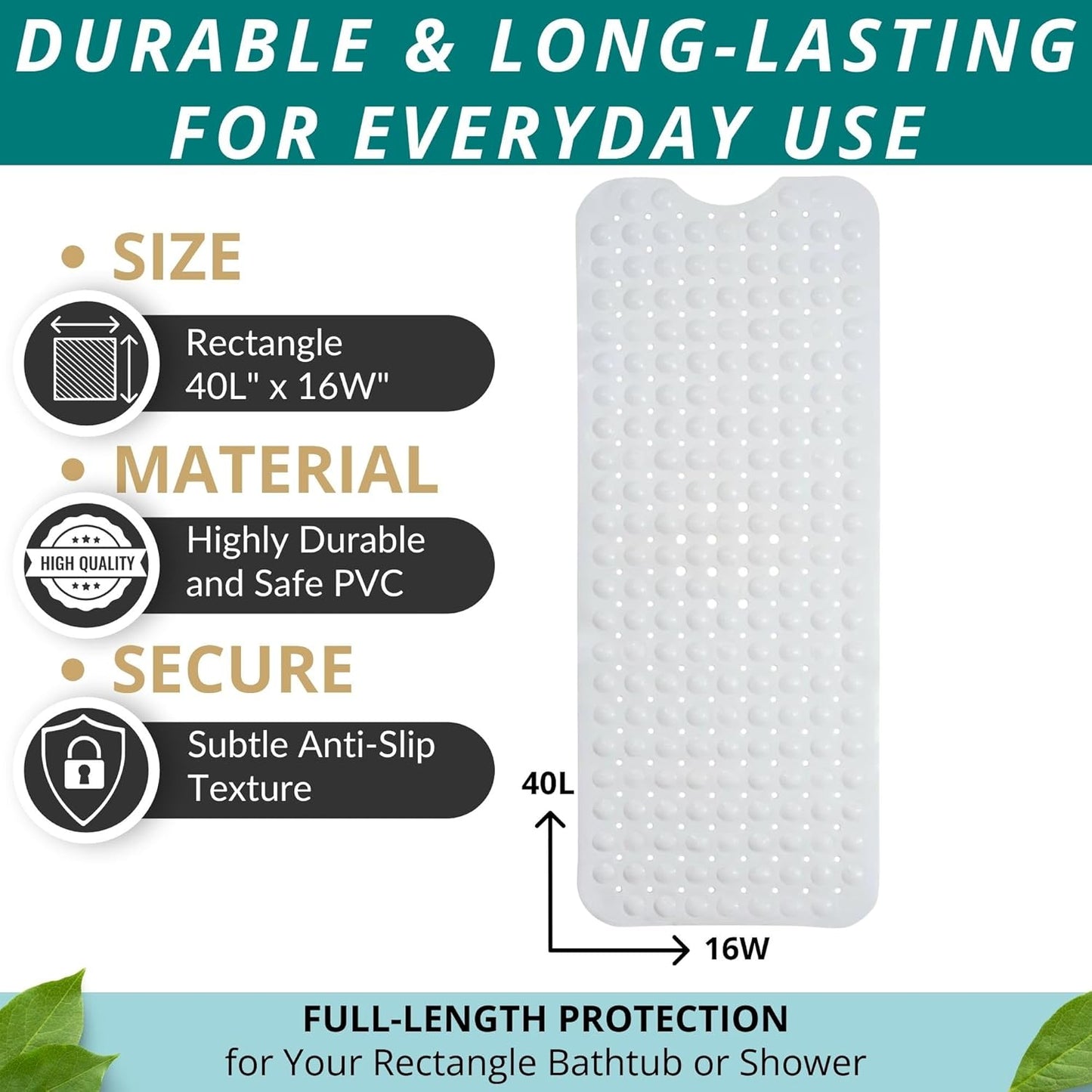 ENKOSI Bath Mat – 40 x 16 Inch Non-Slip Shower Mat for Bath Tub & Shower with Strong Suction Cups