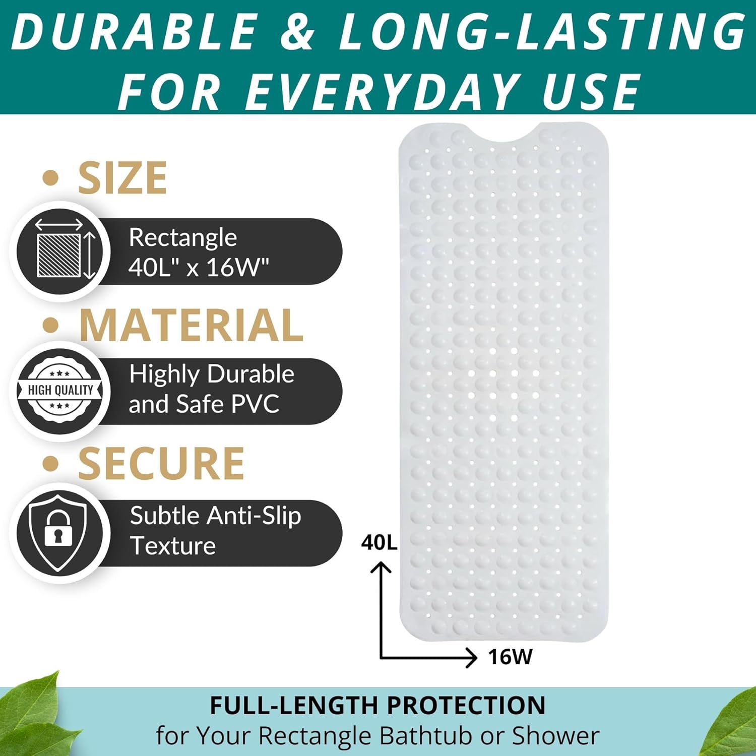 ENKOSI Bath Mat – 40 x 16 Inch Non-Slip Shower Mat for Bath Tub & Shower with Strong Suction Cups