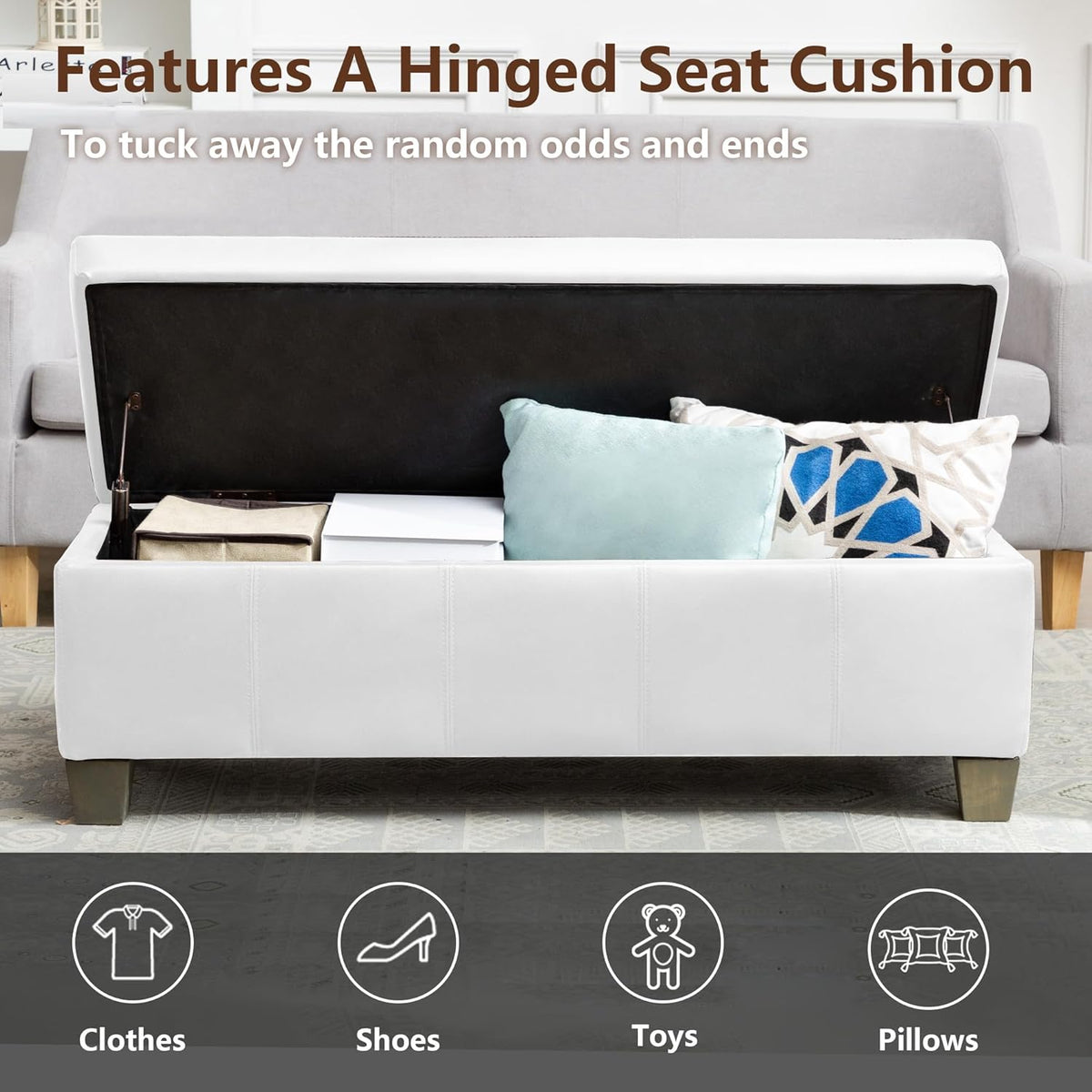 51 Inch Faux Leather Ottoman with Storage, End of Bed Bench with Large Storage, Rectangular Extra