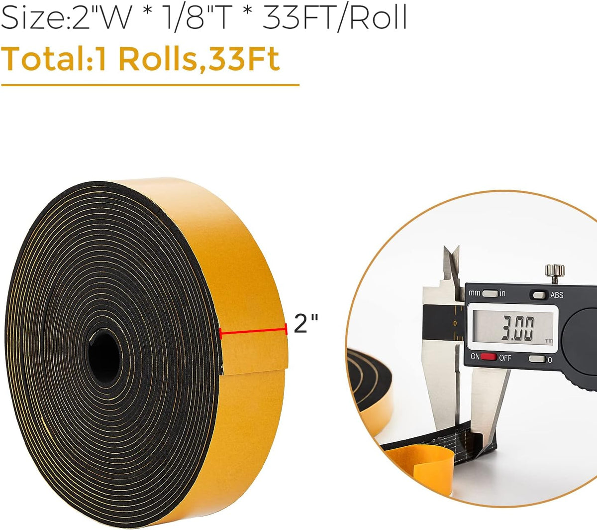 33 Feet Weather Stripping Door Seal, 2" Wide X 1/8" Thick Door Seal Strip High Density Foam Tape