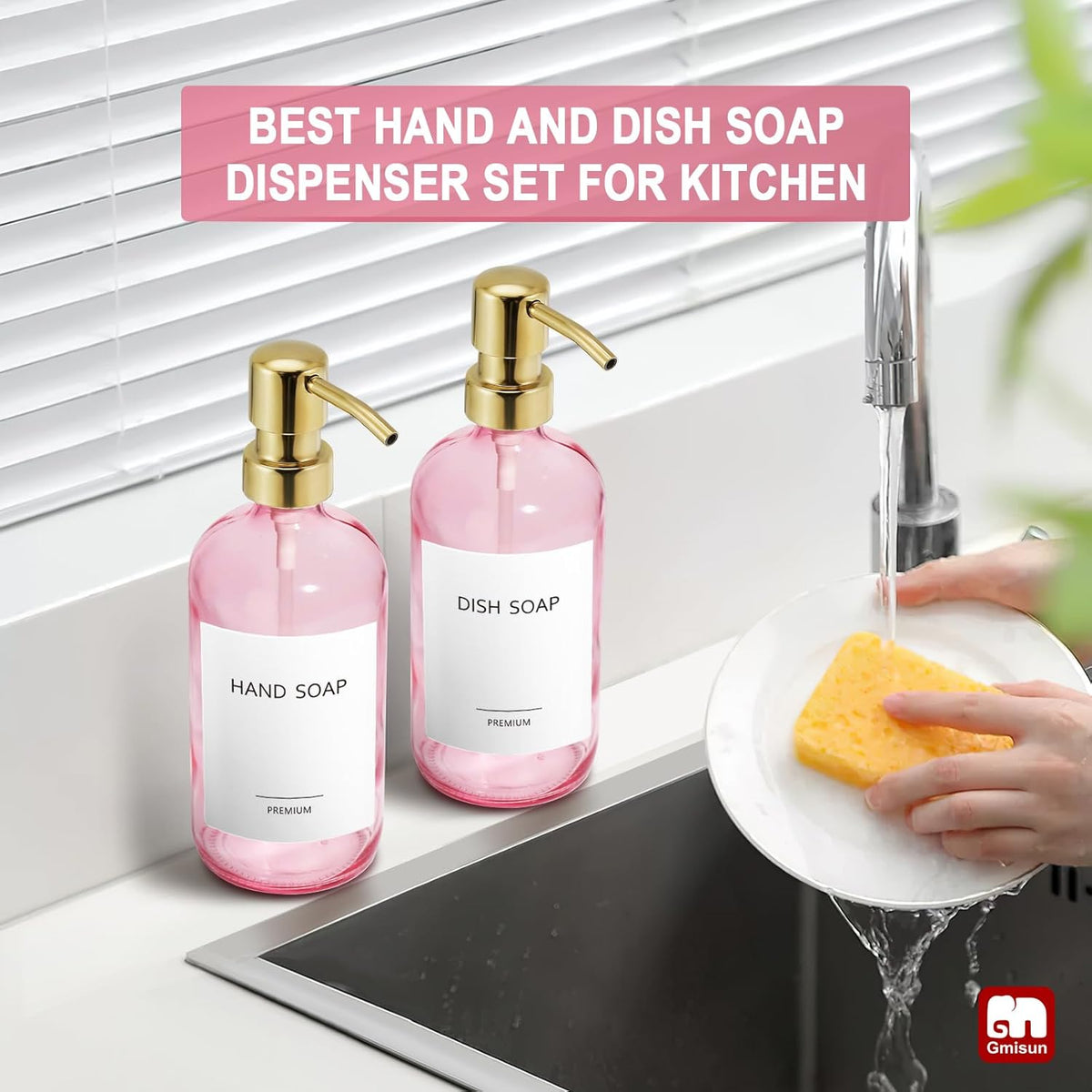 GMISUN Pink Soap Dispenser Bathroom, 2 Pack Kitchen Hand and Dish Soap Dispensers Set, 17 Fl Oz