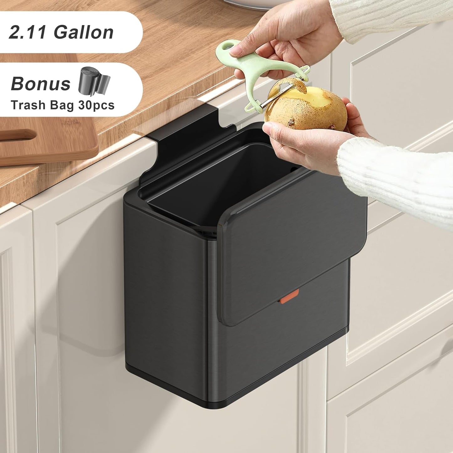 Mbillion Kitchen Compost Bin Hanging Trash Can with Lid 1.05 Gallon Stainless Steel Garbage Can for