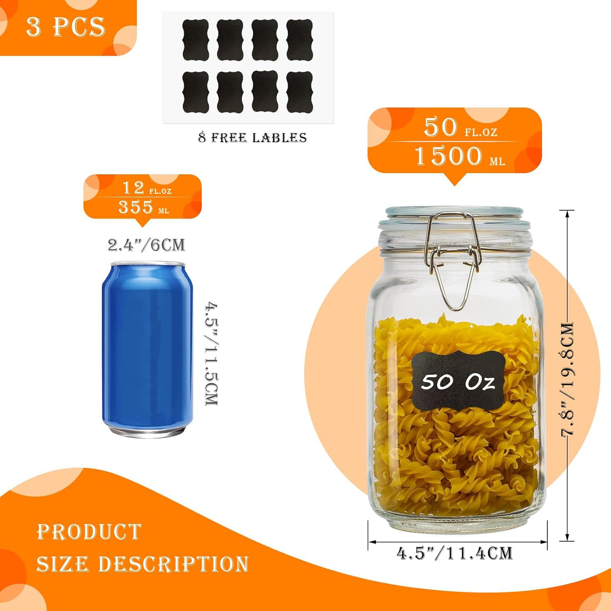 50oz Square Glass Food Storage Jars with Airtight Clamp Lids, 3 Pack Large Kitchen Canisters for