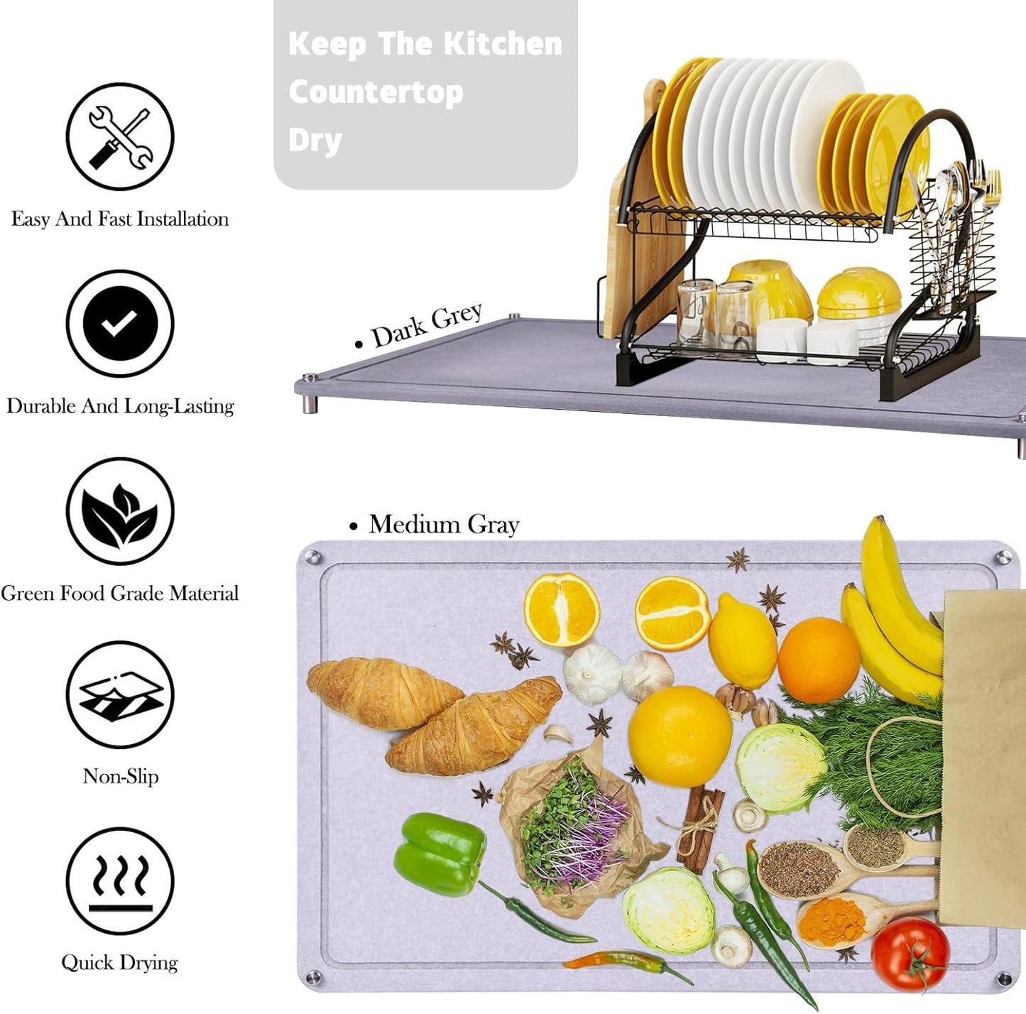 Large Diatomaceous Earth Stone Dish Drying Mats for Kitchen Counter,24"×16",Quick Drying,with 4