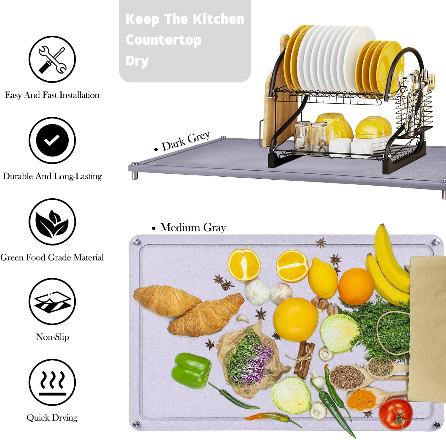 Large Diatomaceous Earth Stone Dish Drying Mats for Kitchen Counter,24"×16",Quick Drying,with 4
